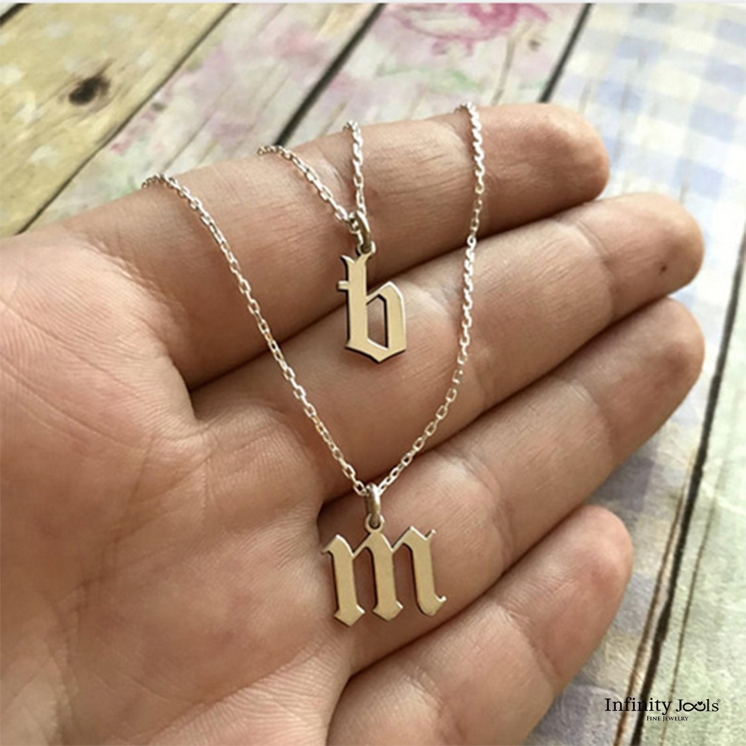 14k Gold Initial Necklace, Old English Initial Necklace - InfinityJools