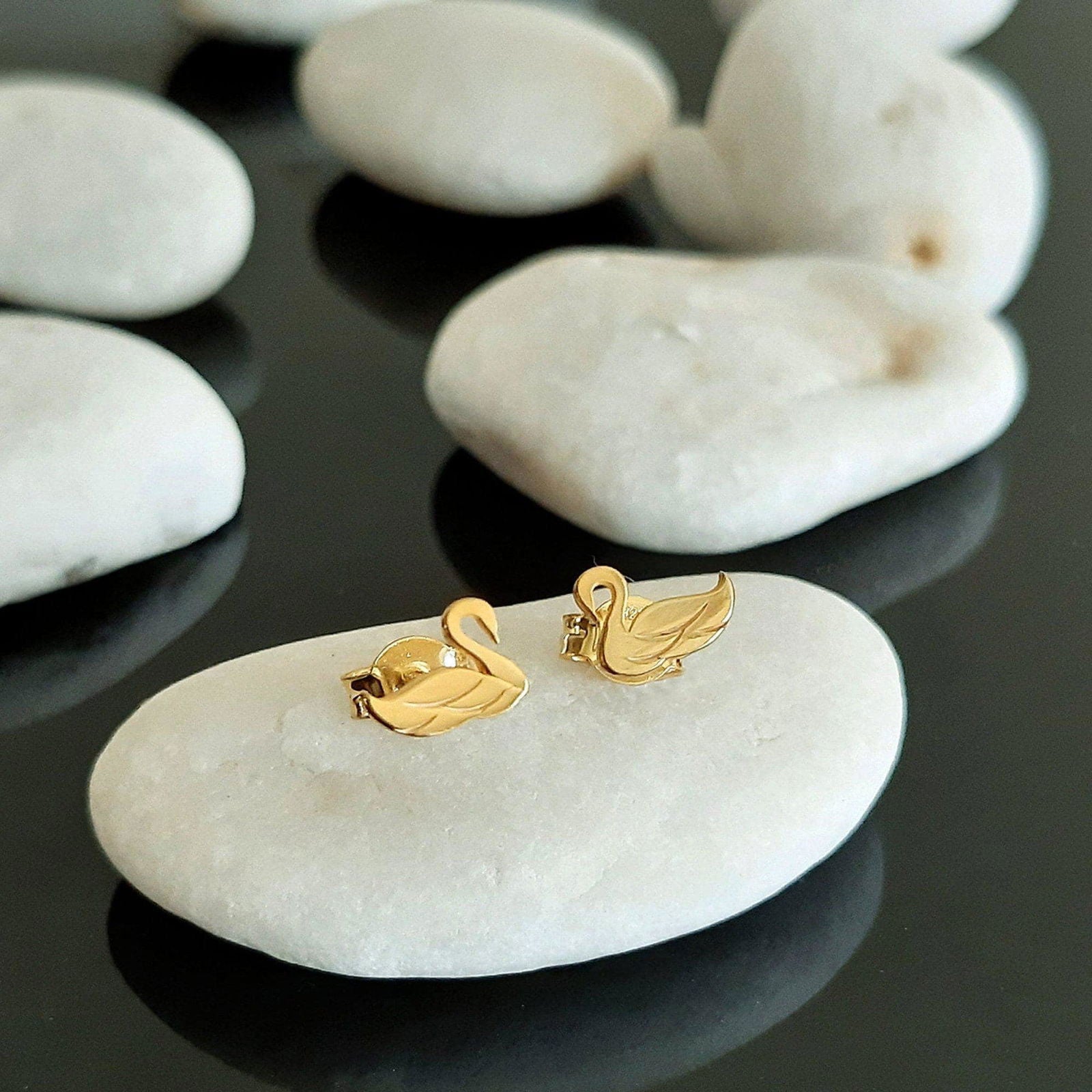 14K Gold Swan Studs Earrings - InfinityJools