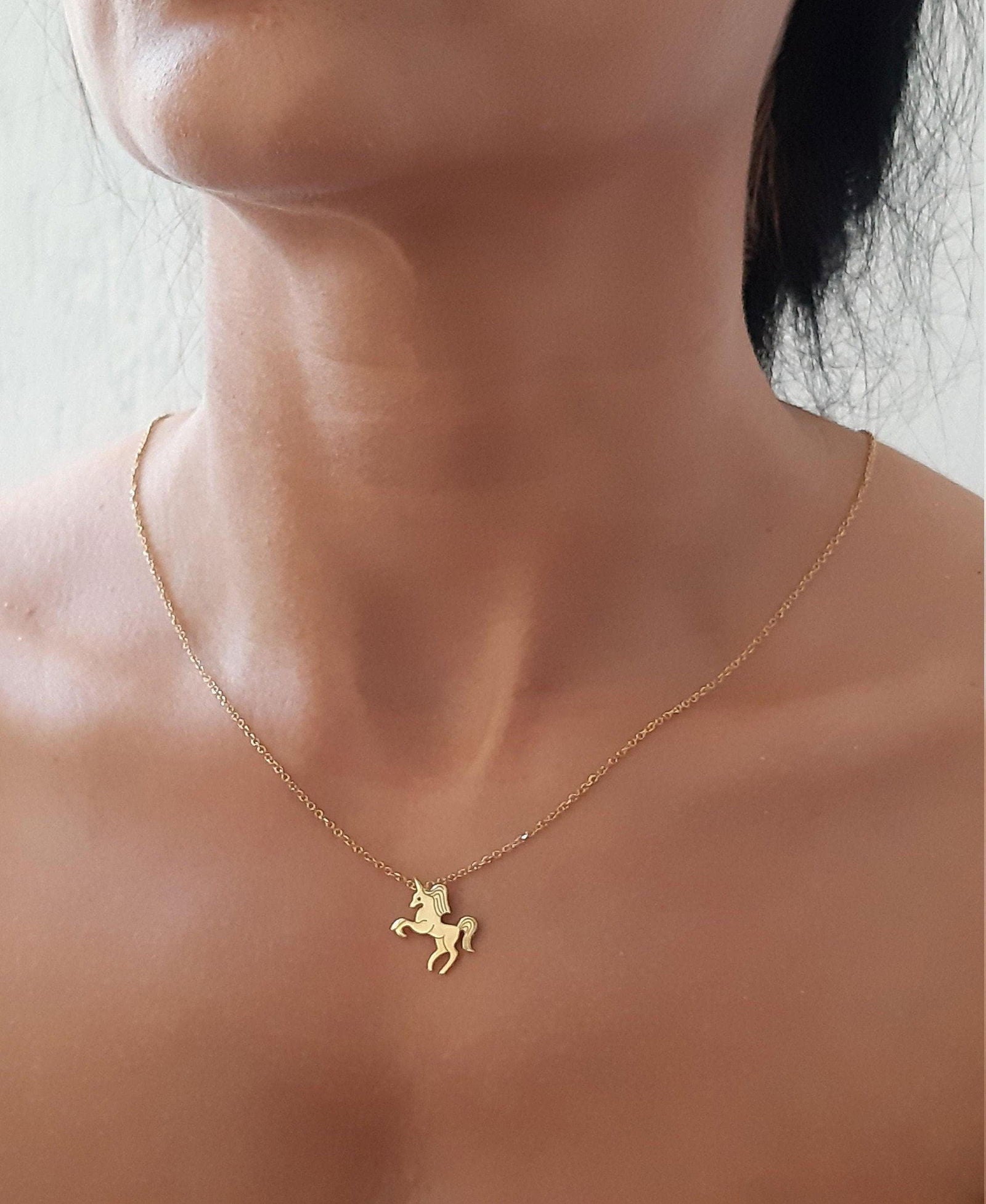 14K Gold Unicorn Necklace, Dainty Unicorn Pendant - InfinityJools