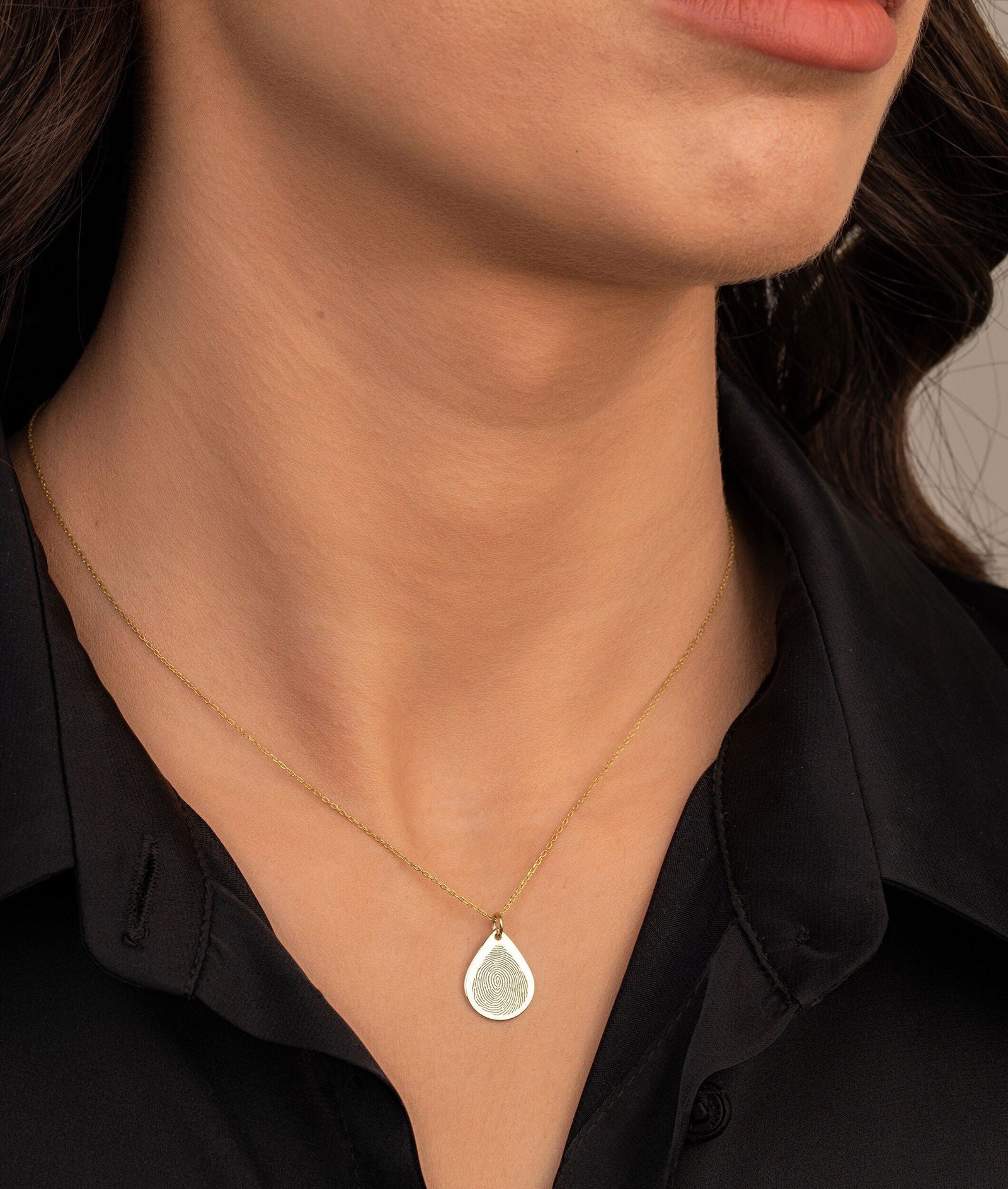 14k Real Gold Tear Drop Fingerprint Necklace, Memorial Pendant - InfinityJools