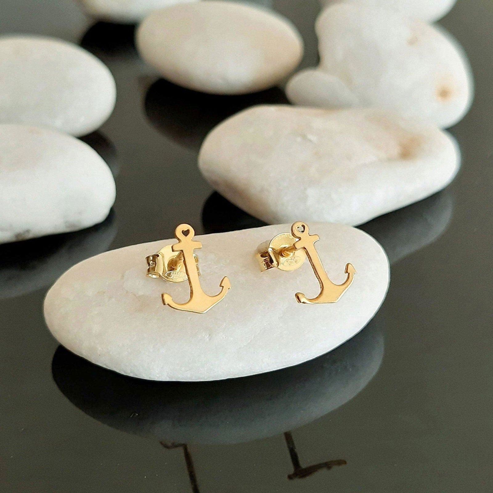 14K Solid Gold Anchor Stud Earrings - InfinityJools