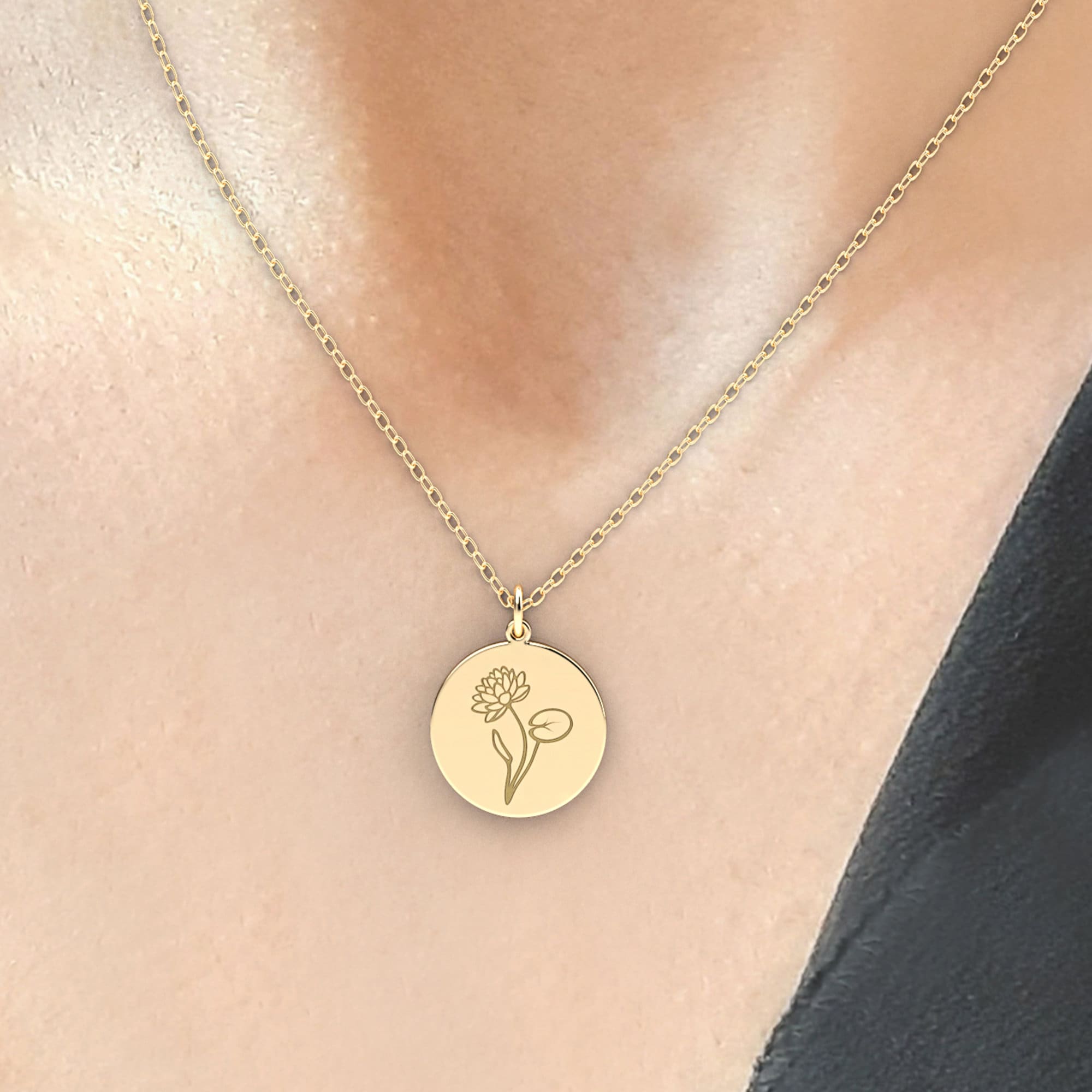 14k solid gold, Birth Month Birth Flower With Custom Text Personalized - InfinityJools