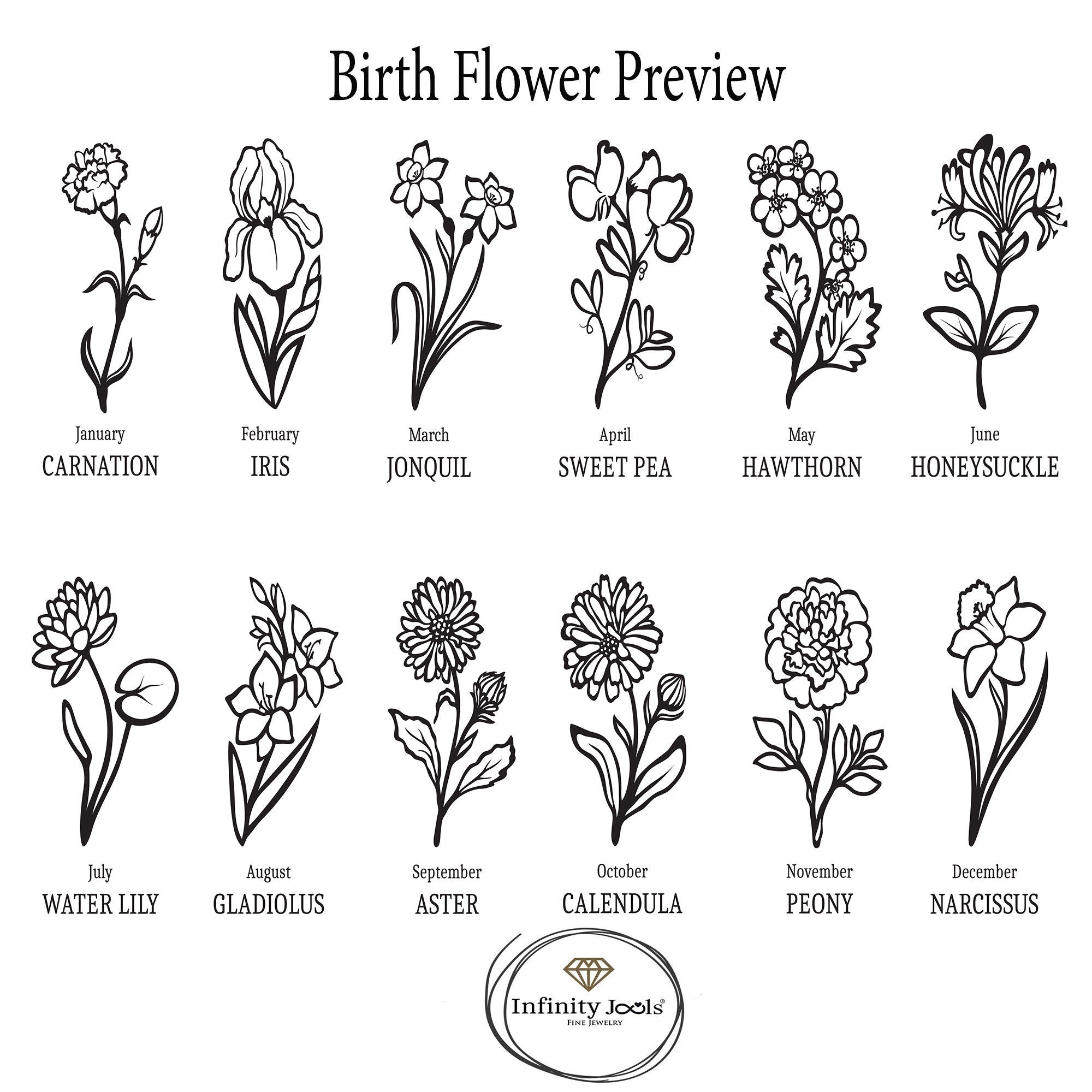 14k solid gold, Birth Month Birth Flower With Custom Text Personalized - InfinityJools