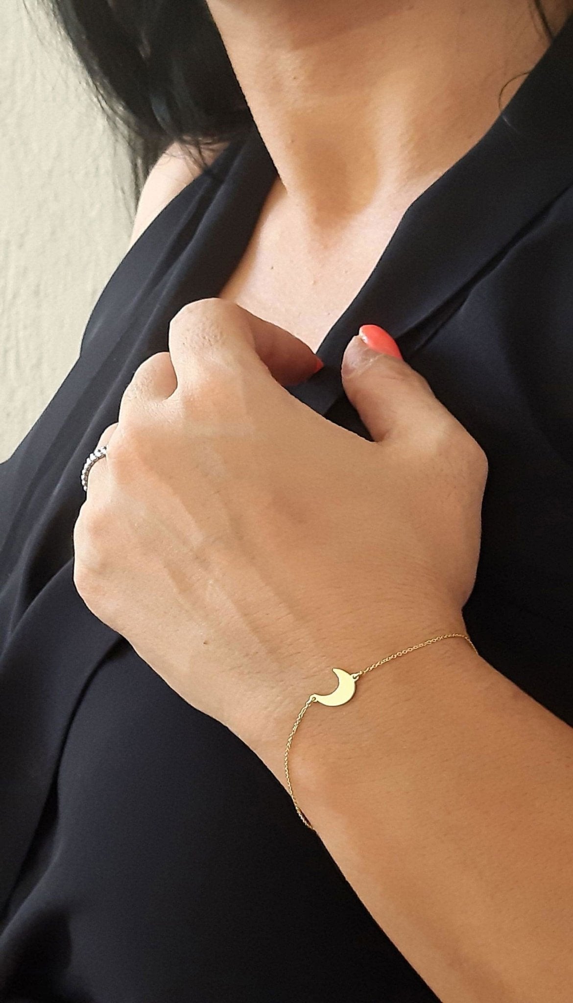 14K Solid Gold crescent moon Charm Bracelet - InfinityJools