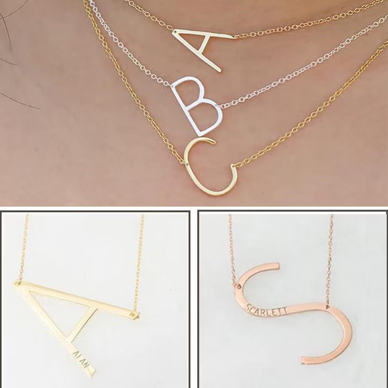 14K Solid Gold Large Sideways initial Necklace - InfinityJools