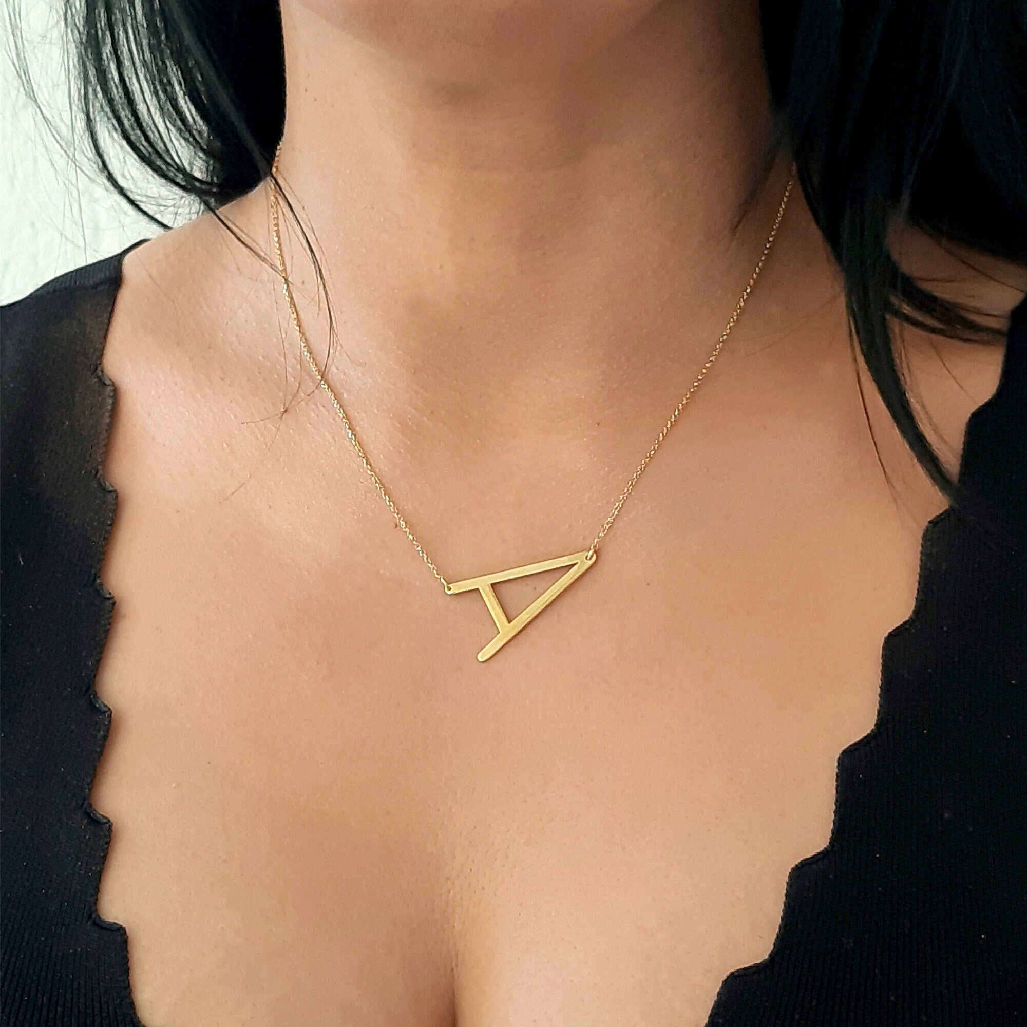 14K Solid Gold Large Sideways initial Necklace - InfinityJools