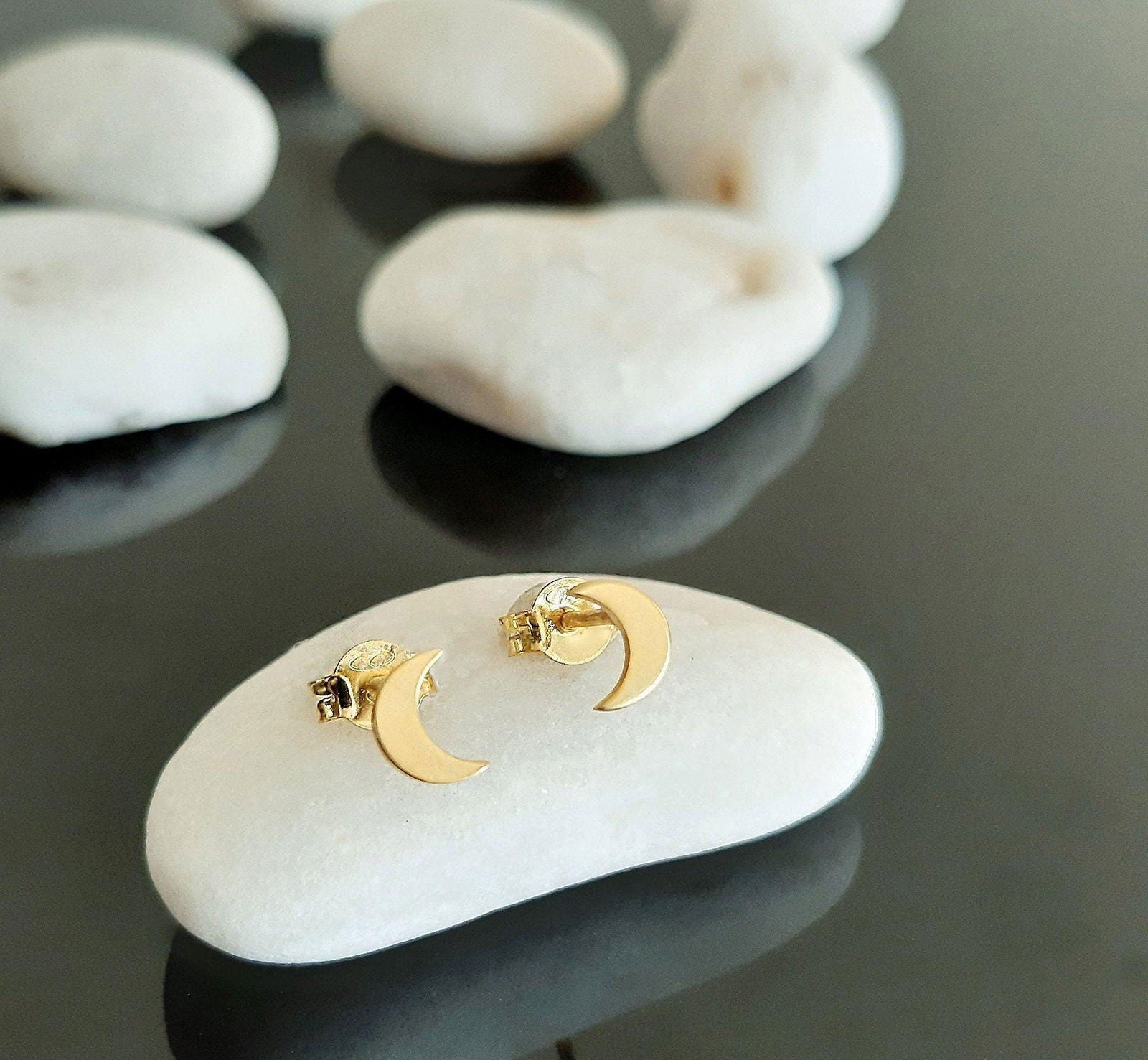 14K Solid Gold Moon Stud Earrings - InfinityJools