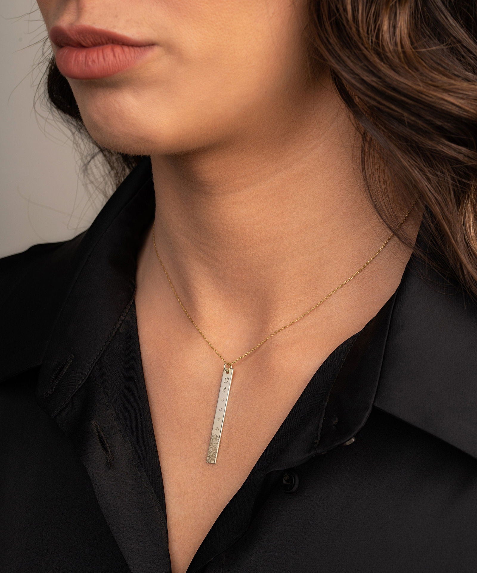 9k & 14k Solid gold Actual Fingerprint Bar Necklace - Personalized Handprint Necklace - InfinityJools