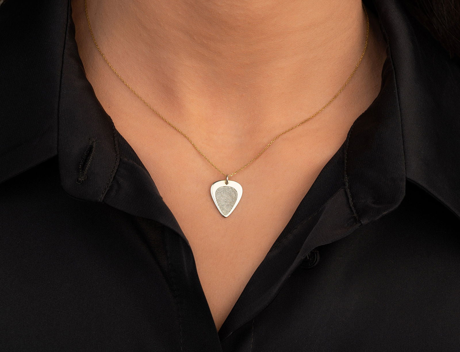 9k & 14k solid Gold Fingerprint Guitar Pick Necklace, Personalized Necklace, Custom engrave Fingerprint Necklace Handwriting jewelry gift - InfinityJools