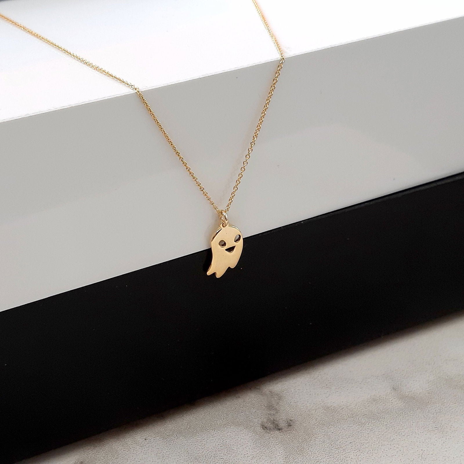 Cute Ghost Necklace, 14K Solid Gold Ghost Charm Necklace - InfinityJools