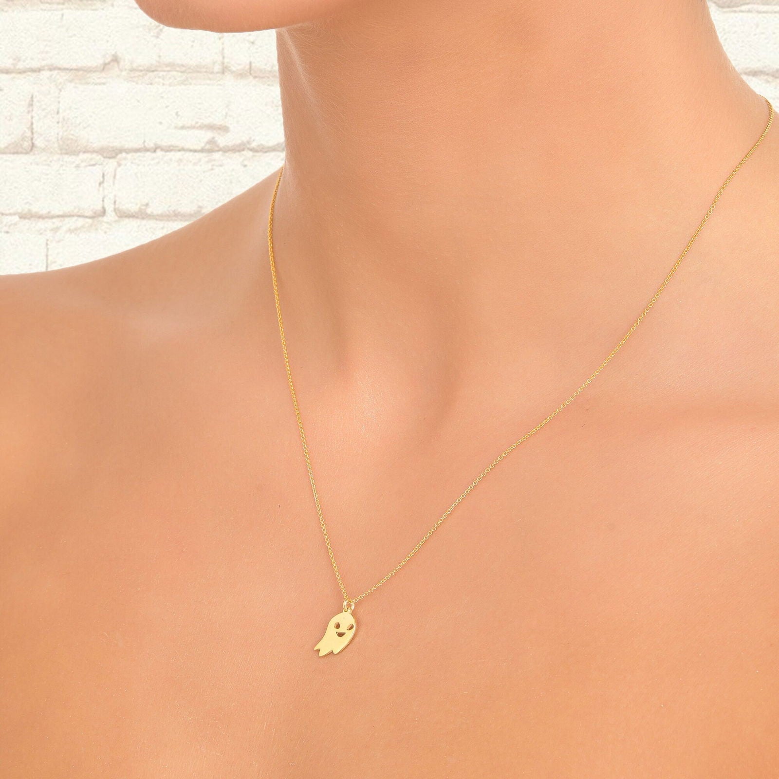 Cute Ghost Necklace, 14K Solid Gold Ghost Charm Necklace - InfinityJools
