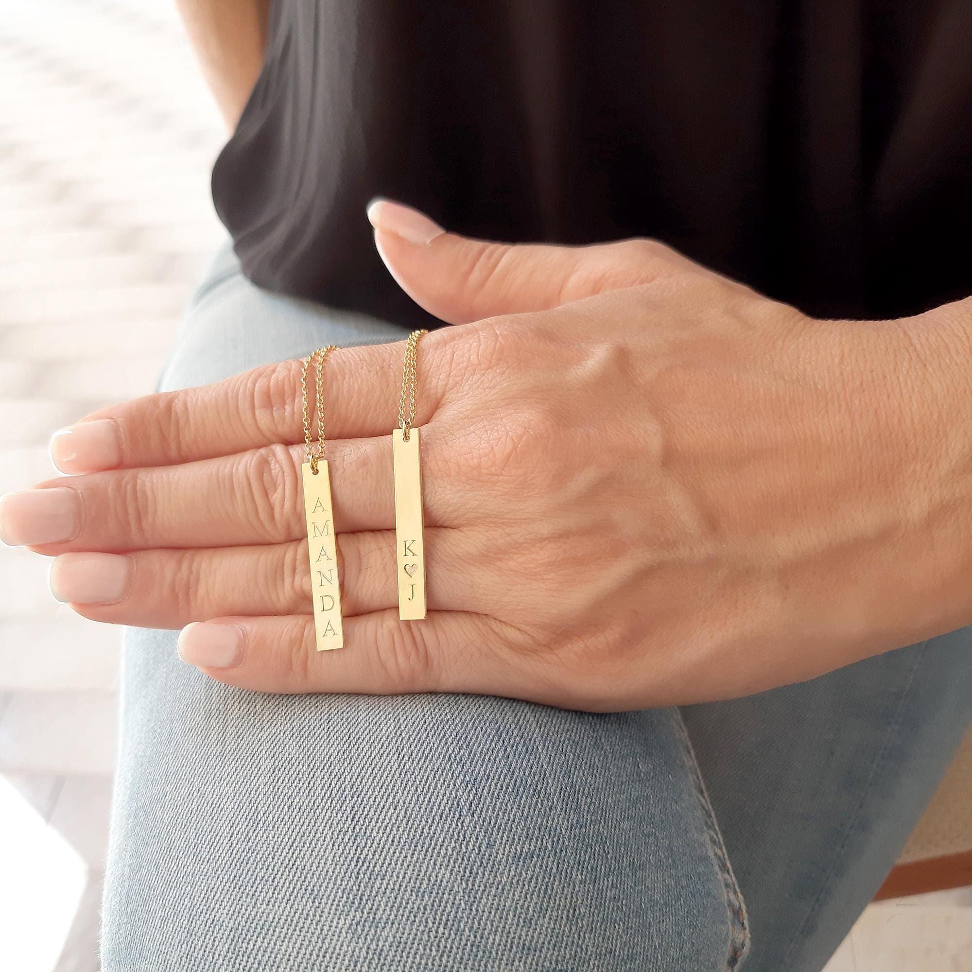 Personalized Solid Gold Vertical Bar Necklace - InfinityJools
