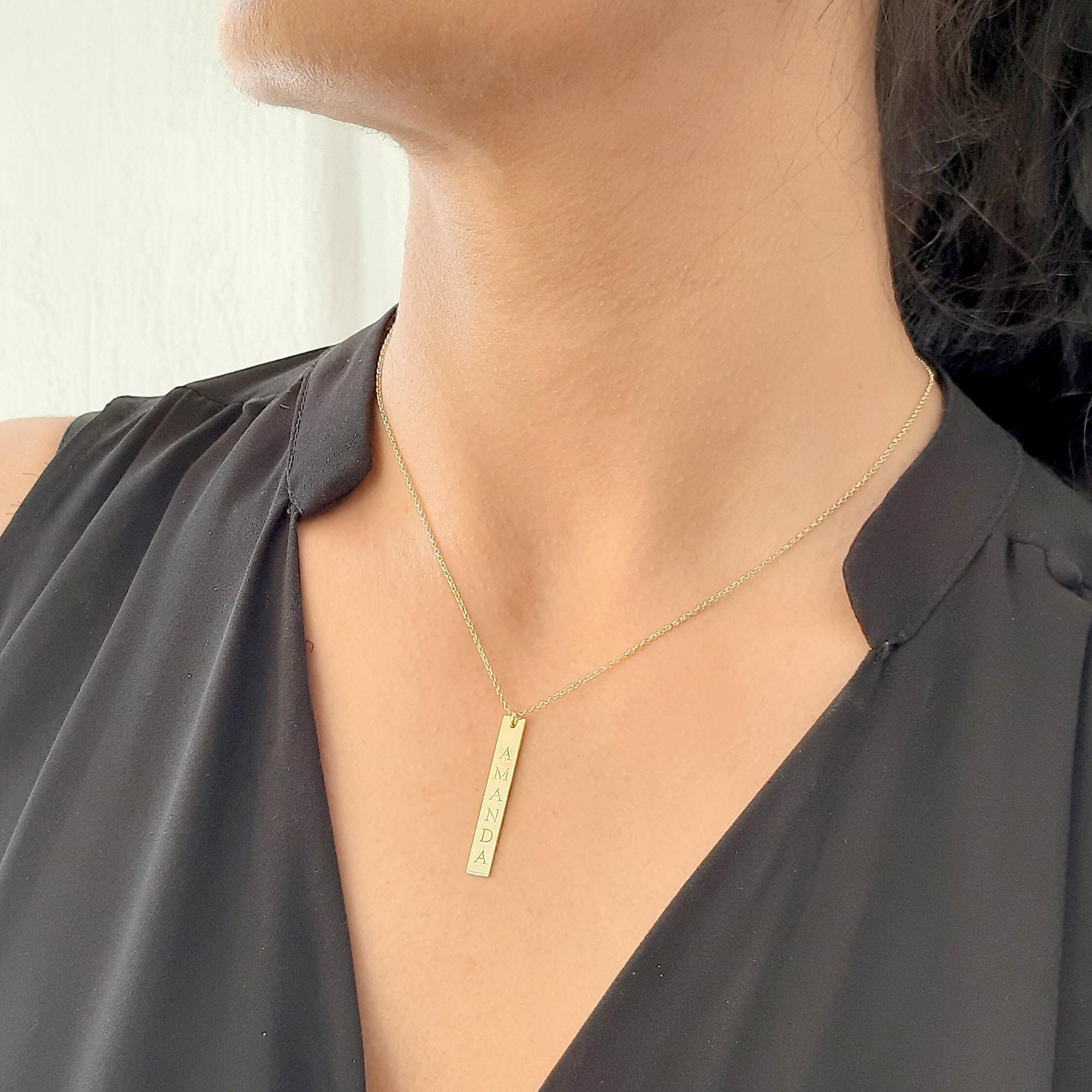 Personalized Solid Gold Vertical Bar Necklace - InfinityJools