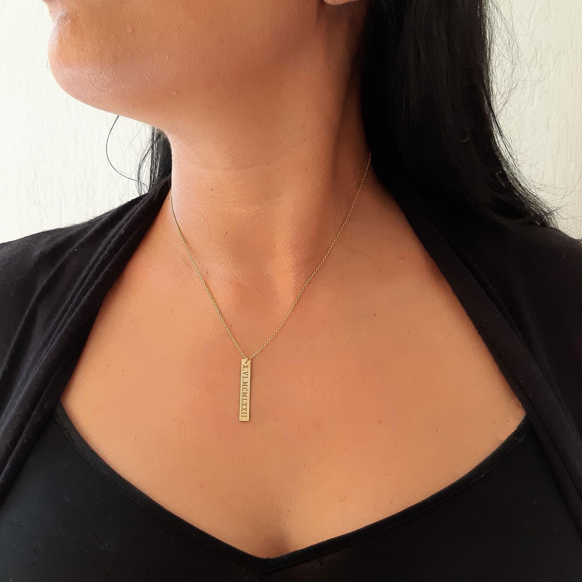Personalized Solid Gold Vertical Bar Necklace - InfinityJools